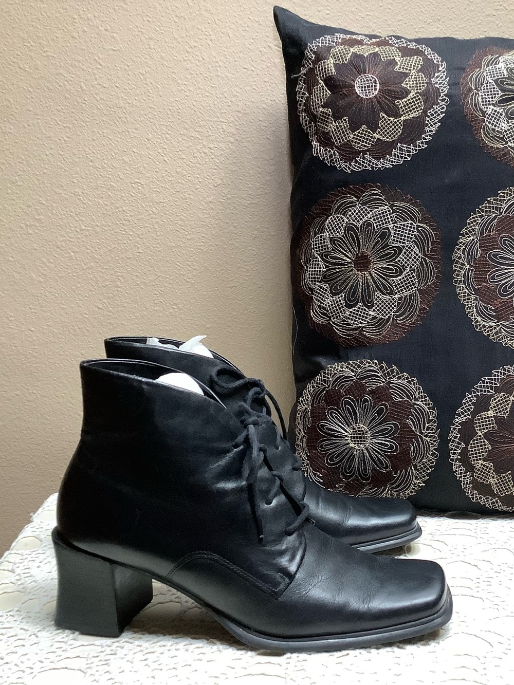 Retro 90s Y2K Vintage PESARO Black Leather Chunky Square Toe Ankle Boots Sz 8.5 - Picture 1 of 9